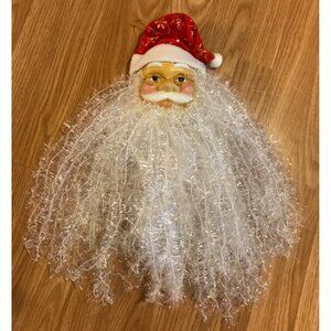Santa Claus Face Wall Hanging Decoration Curly Sparkly White Beard Red Hat 16"